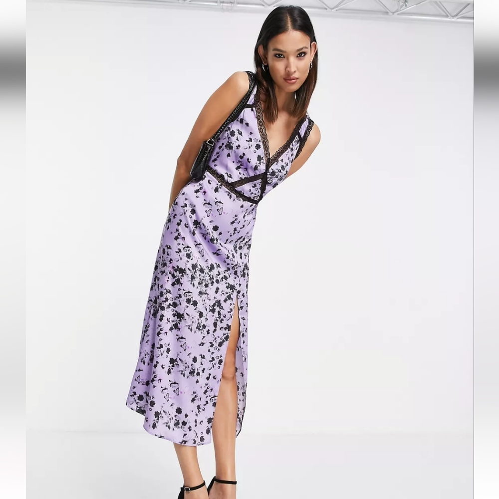 Topshop Women's Slip with Lace Ditsy Purple Lilac Print NWT